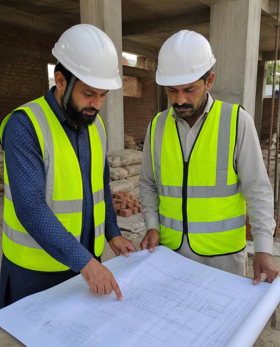 Two site engineers in safety helmets and high-visibility vests reviewing building drawings at a house under construction