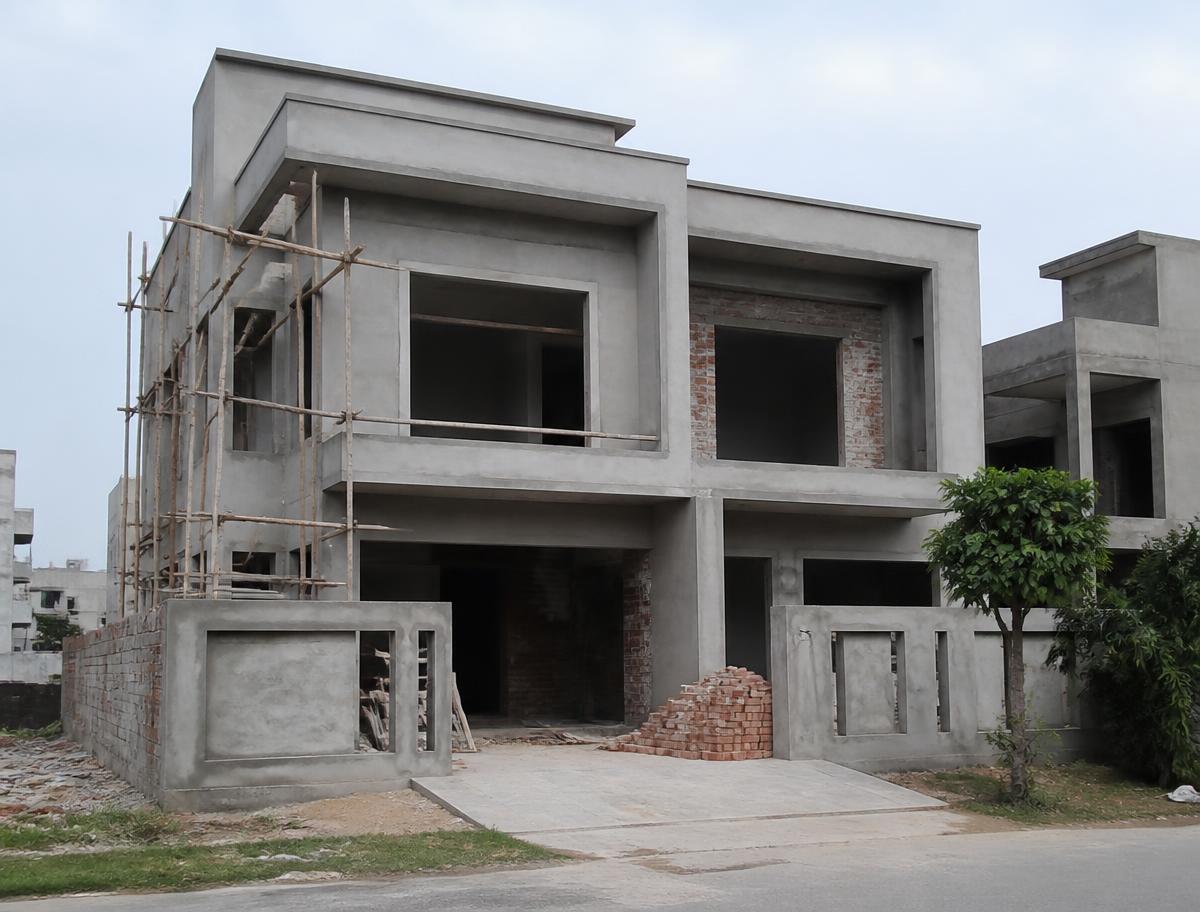 Modern residential building structure under construction in a Lahore housing society with plastered facade taking shape