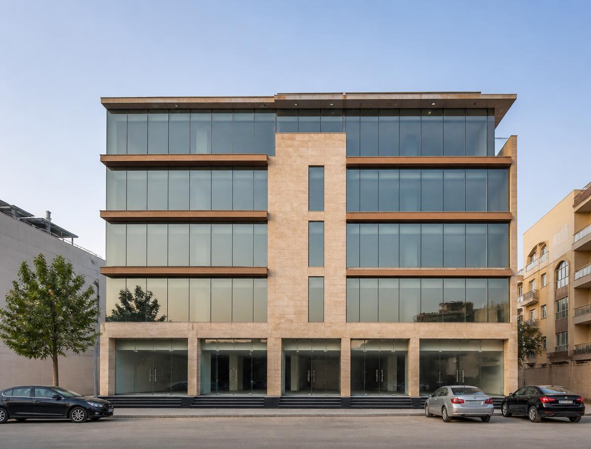 Completed modern commercial building with glass curtain wall and stone cladding in Lahore
