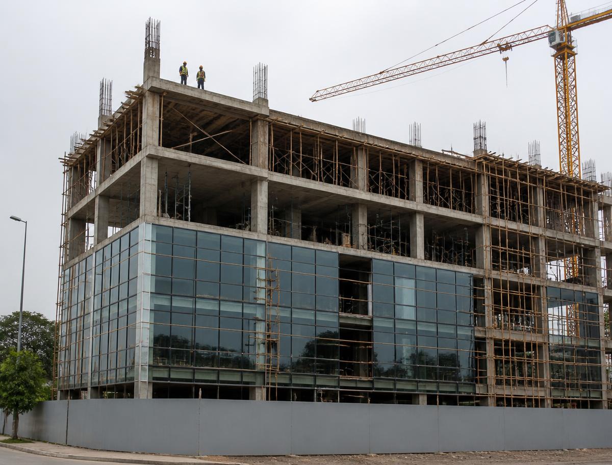 Multi-storey commercial building under construction with glazing being installed and workers on the top slab