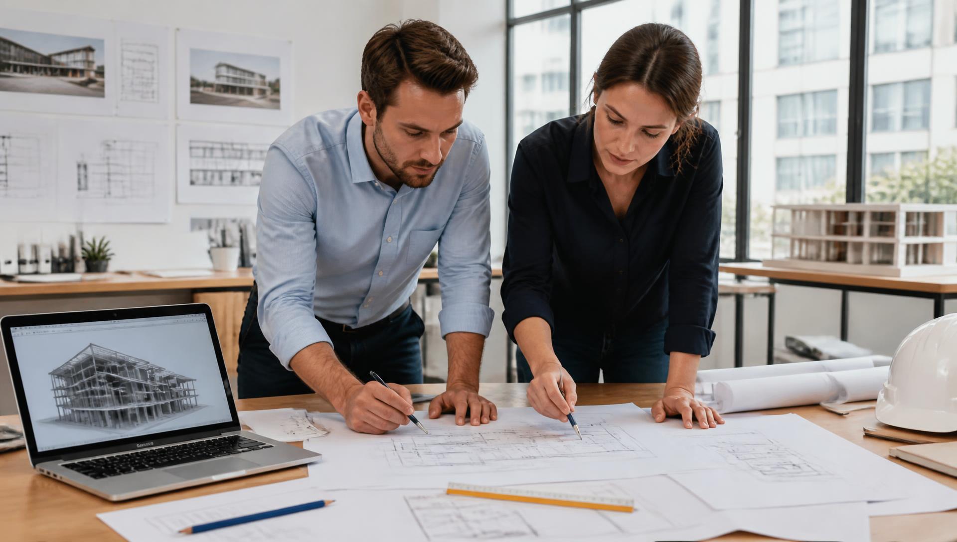 Engineer working on architectural plans and design