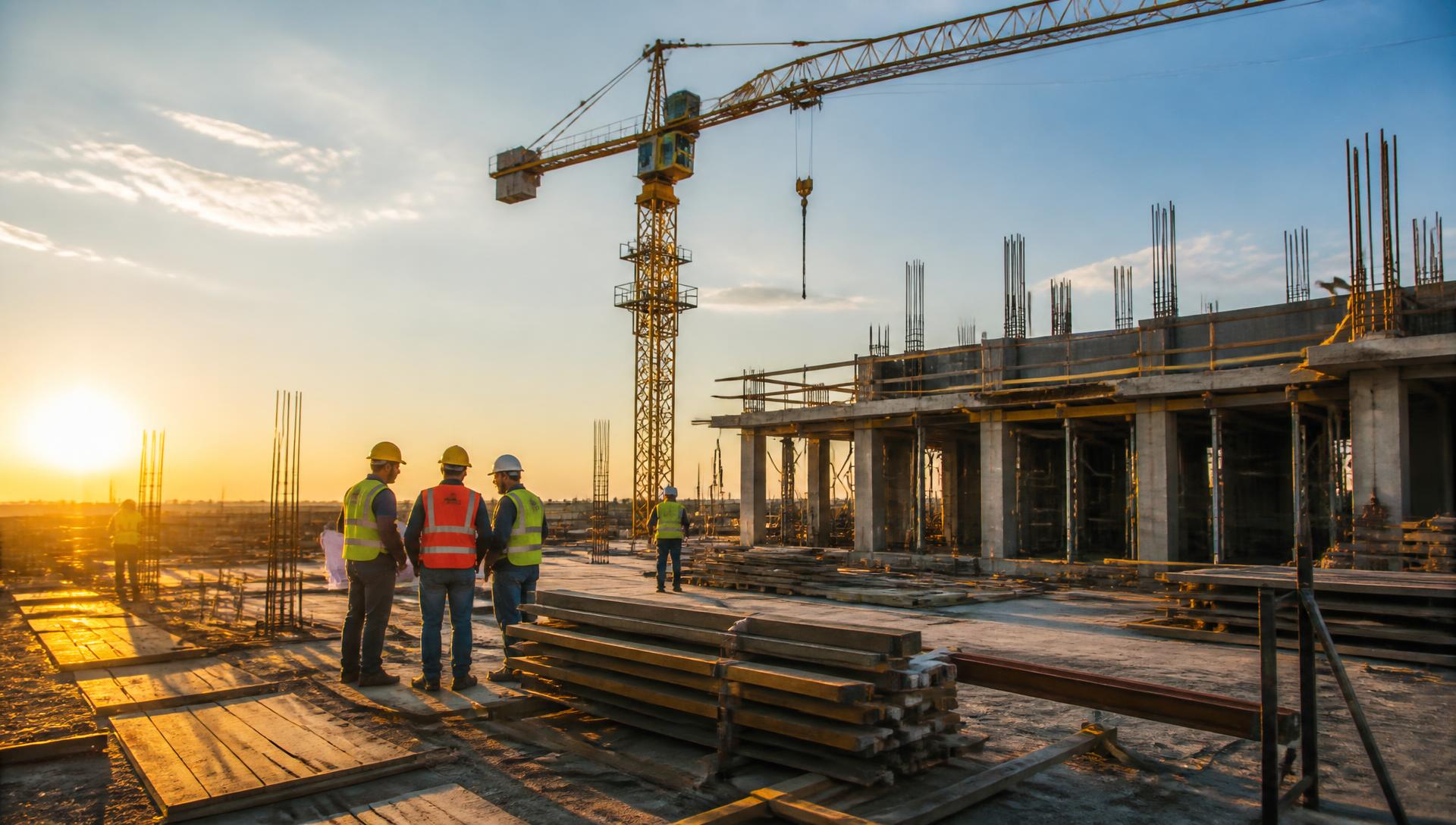 Construction site with workers and building structure